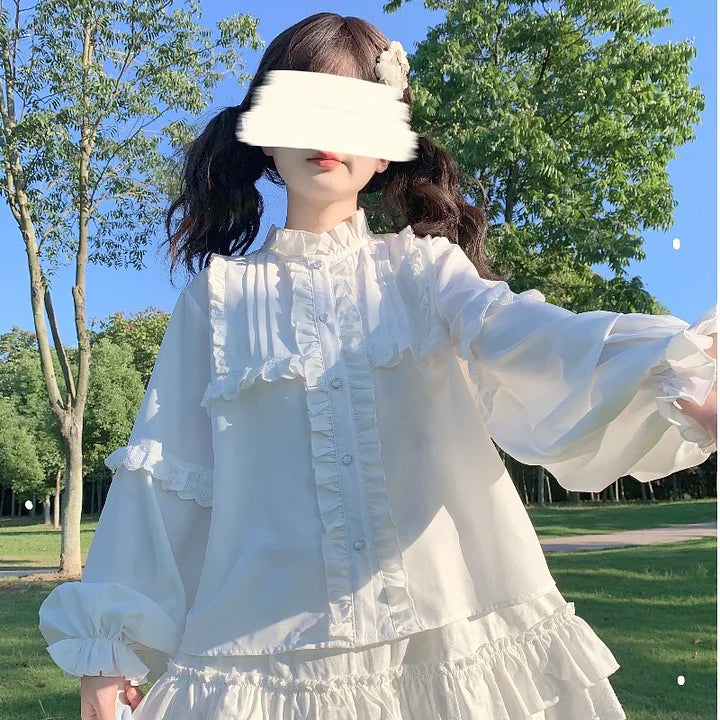 Lolita Blouse White Doll Collar Ruffle Long Sleeve in Spring Shirt for Daily