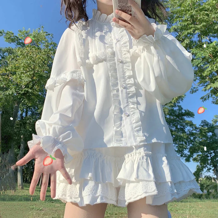 Lolita Blouse White Doll Collar Ruffle Long Sleeve in Spring Shirt for Daily