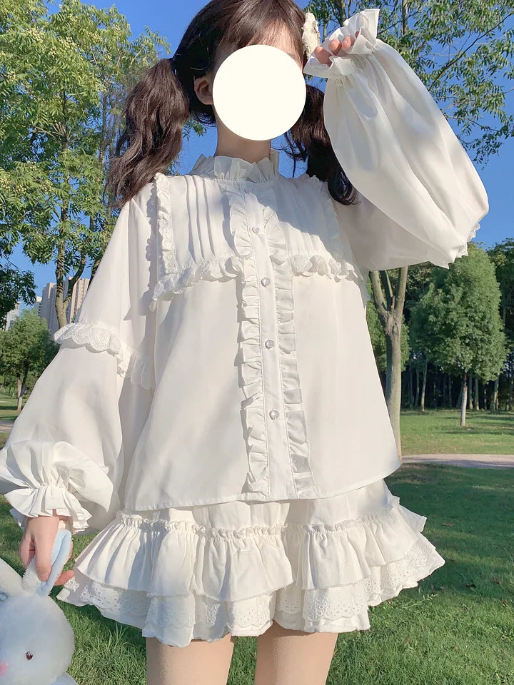 Lolita Blouse White Doll Collar Ruffle Long Sleeve in Spring Shirt for Daily