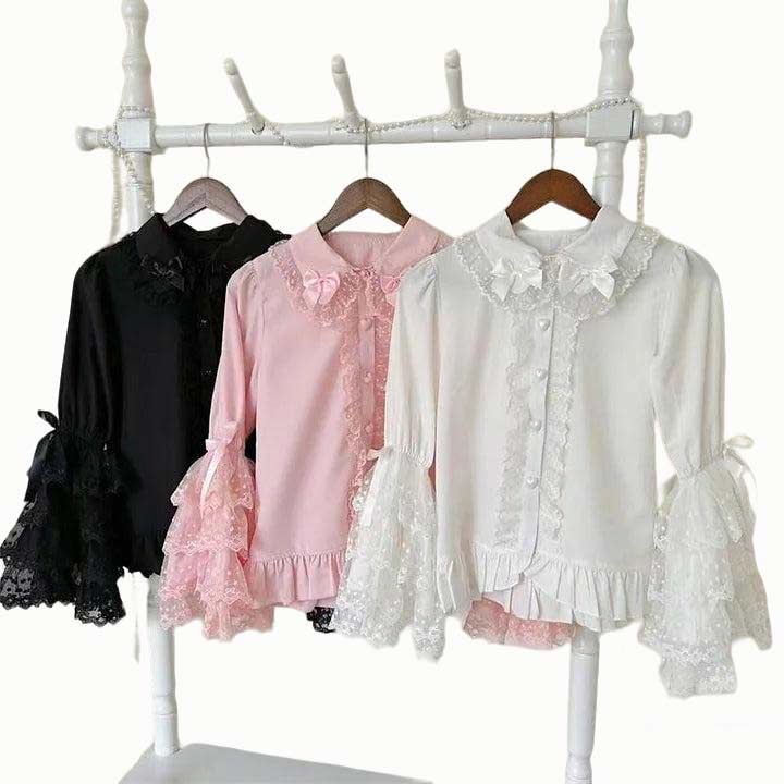 Lolita Blouse White Sweet Cute Cotten  Long Sleeve Shirt for Daily 3 Colors