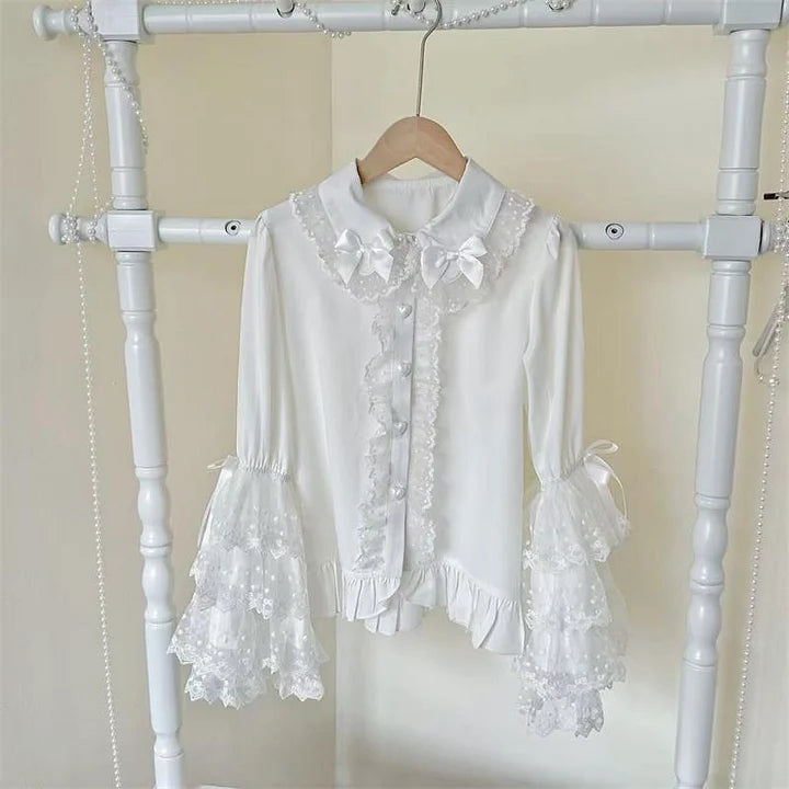 Lolita Blouse White Sweet Cute Cotten  Long Sleeve Shirt for Daily 3 Colors