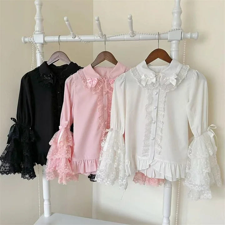 Lolita Blouse White Sweet Cute Cotten  Long Sleeve Shirt for Daily 3 Colors