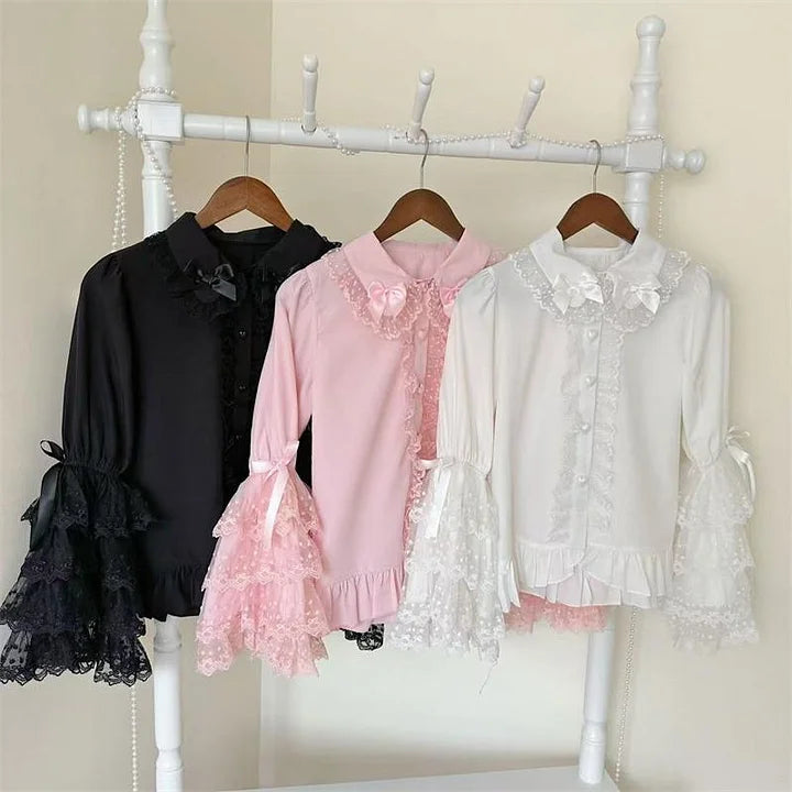 Lolita Blouse White Sweet Cute Cotten  Long Sleeve Shirt for Daily 3 Colors