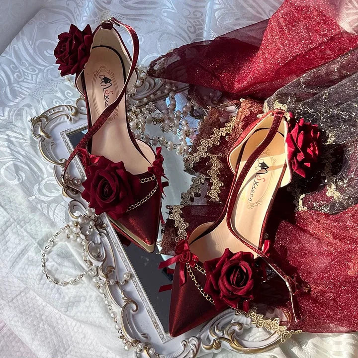Lolita Shoes Goth Red Black Rose Gorgeous Pointed-toe Mid Heel
