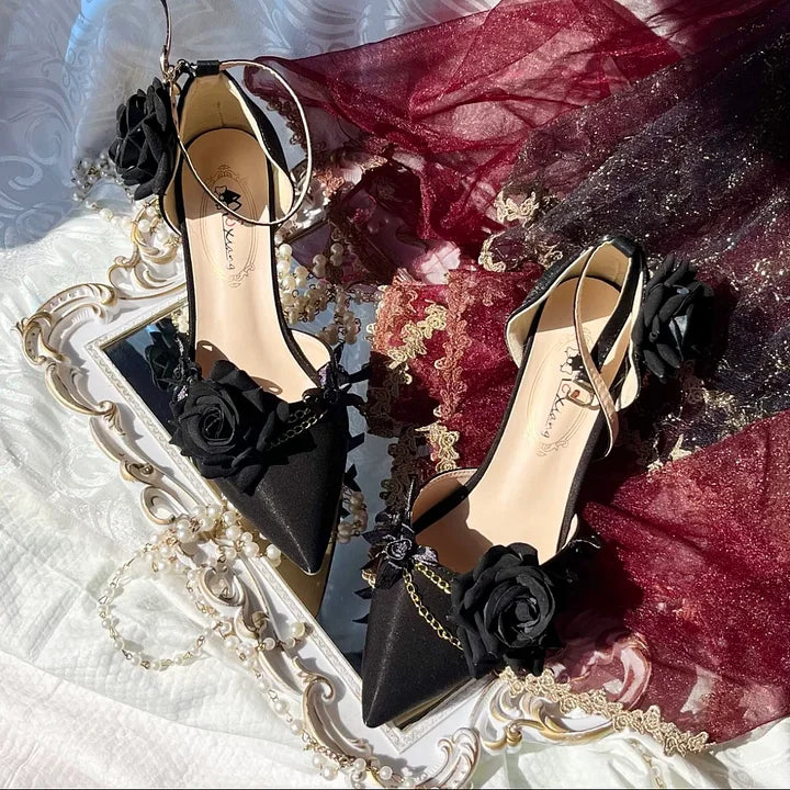 Lolita Shoes Goth Red Black Rose Gorgeous Pointed-toe Mid Heel