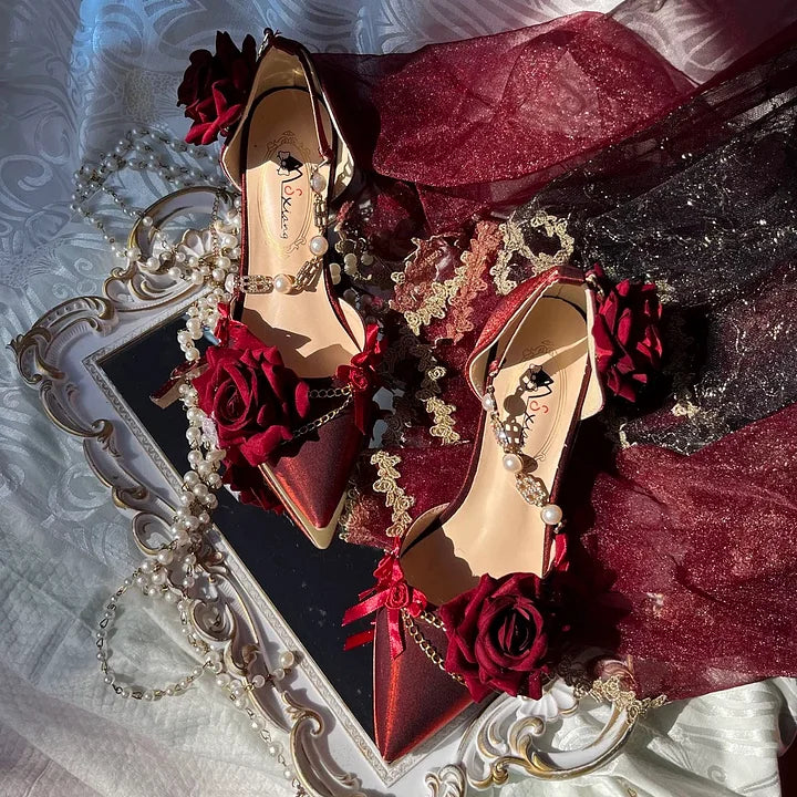 Lolita Shoes Goth Red Black Rose Gorgeous Pointed-toe Mid Heel