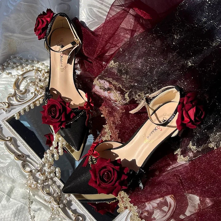 Lolita Shoes Goth Red Black Rose Gorgeous Pointed-toe Mid Heel