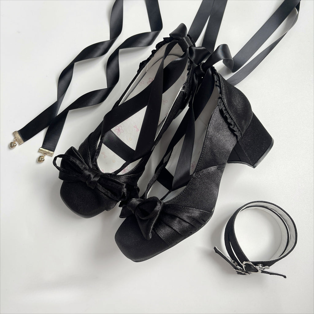 Lolita Shoes Mary Jane Square Head 2 Colors Elegant Low-heeled Satin