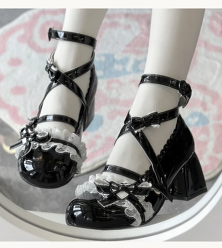 Lolita Shoes Mary Jane Swee Block Mid-heel Butterfly Machine Lace Strap 2 Colors