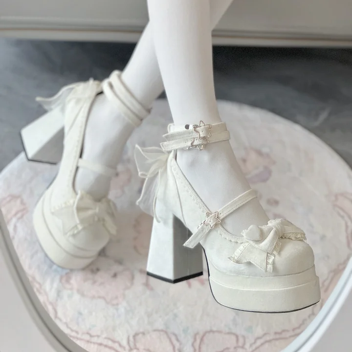 Lolita Shoes Sweet Block High Heels Sweetheart with Bow Strap 2 Colors