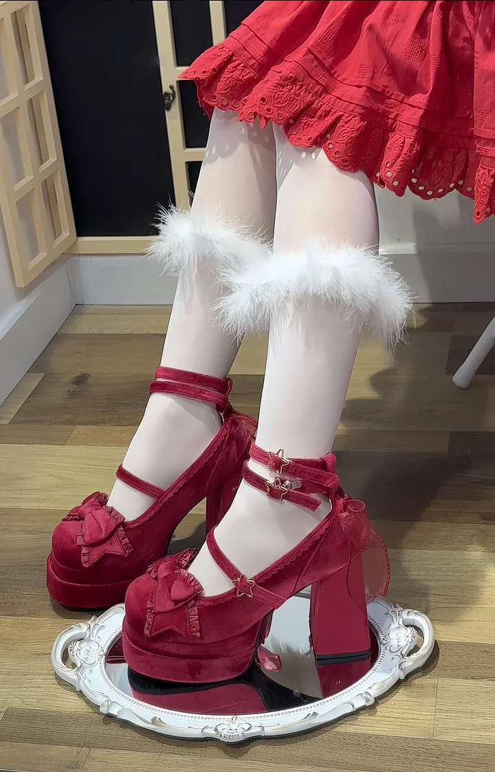 Lolita Shoes Sweet Block High Heels Sweetheart with Bow Strap 3 Colors
