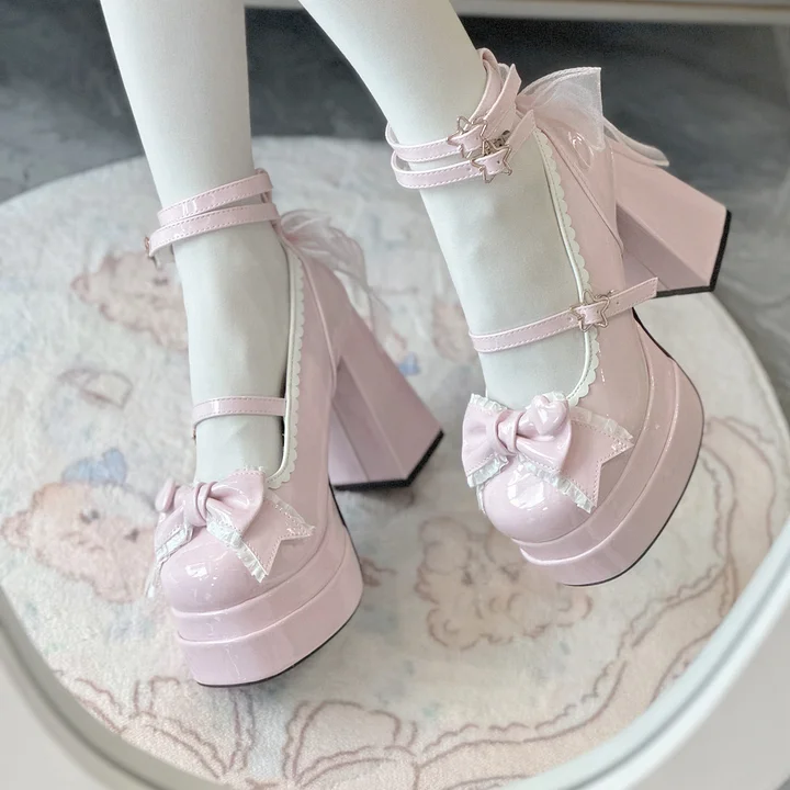 Lolita Shoes Sweet Block High Heels Sweetheart with Bow Strap 3 Colors