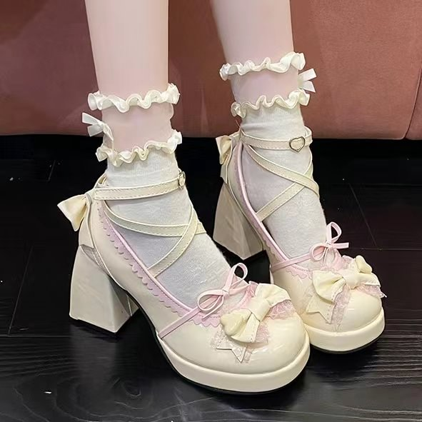 Lolita Shoes Sweet Mid Block Heels with Bow 2 Colors