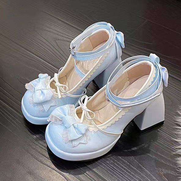 Lolita Shoes Sweet Mid Block Heels with Bow 2 Colors