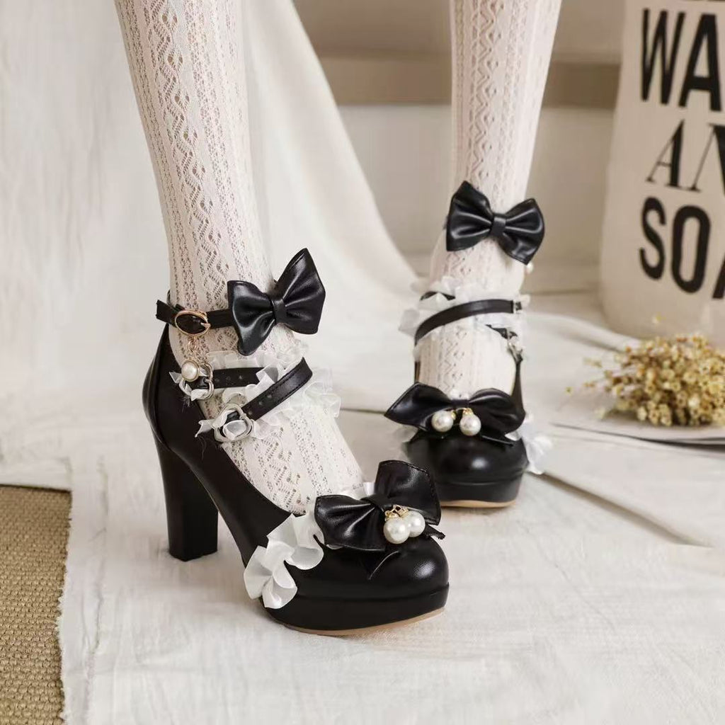 Lolita Shoes Sweet White Princess Bow Accent Block Heels 4 Colors