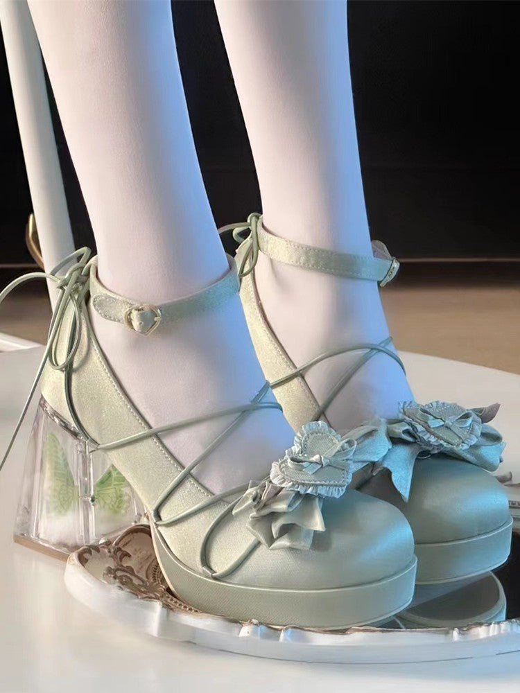 Lolita Shoes Green High-heeled Single with Round Head Bow 2 Colors