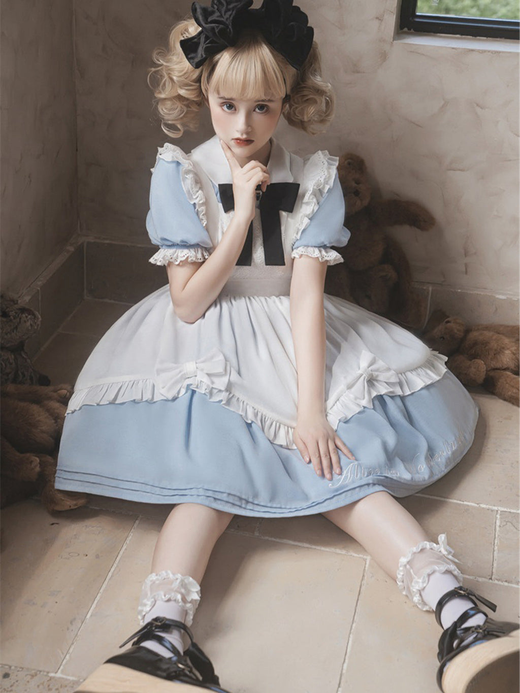 Maid Outfit Alice-themed Ruffled Blue Dress Summer Short Sleeve