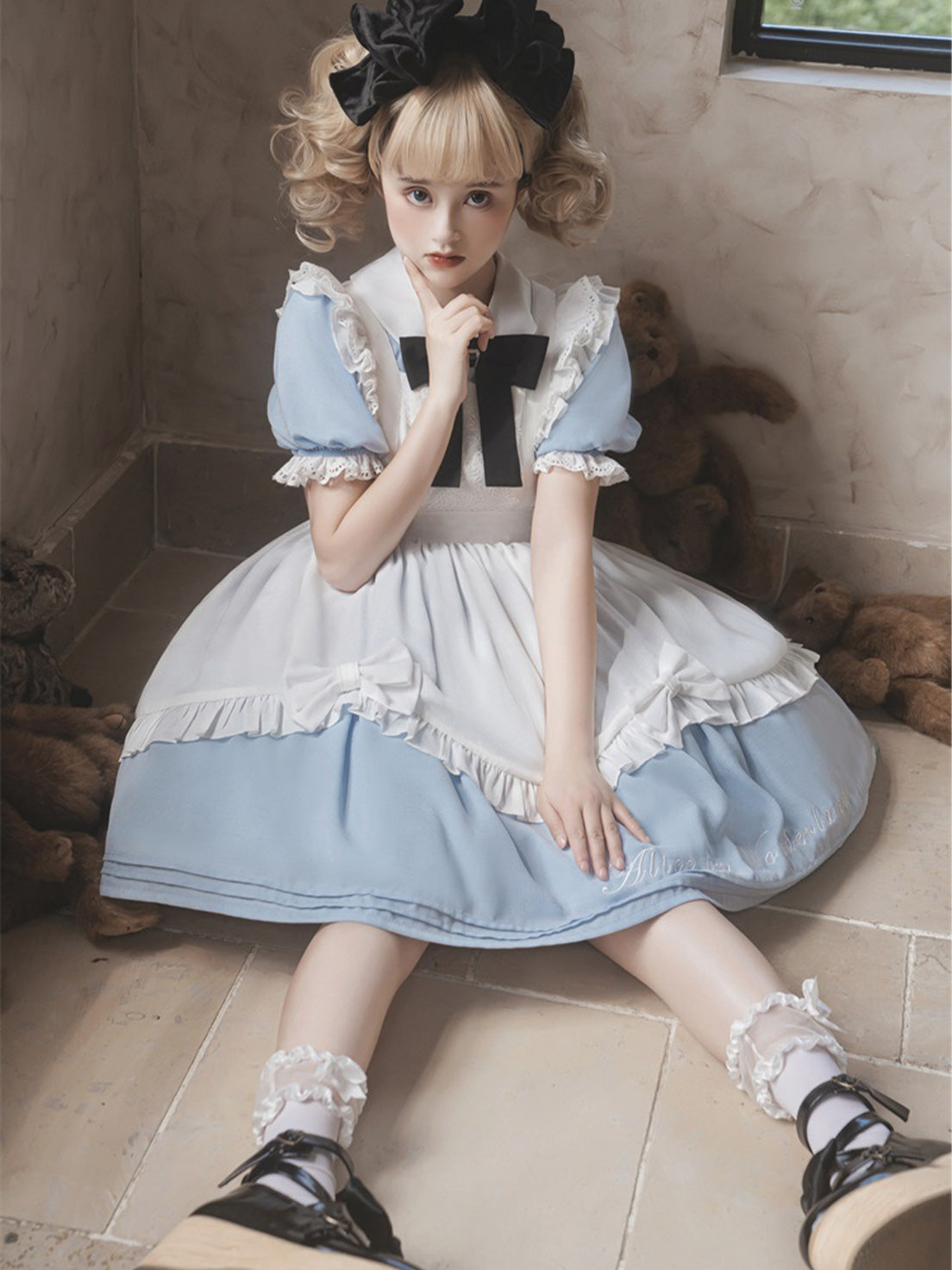 Maid Outfit Alice-themed Ruffled Blue Dress Summer Short Sleeve