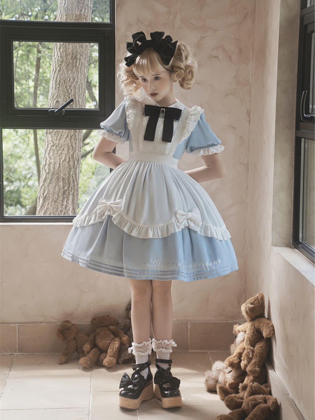 Maid Outfit Alice-themed Ruffled Blue Dress Summer Short Sleeve