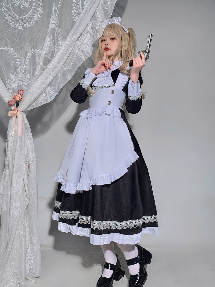 Maid Outfit Classic Black and White Long Ruffled Apron Plus Size 5XL