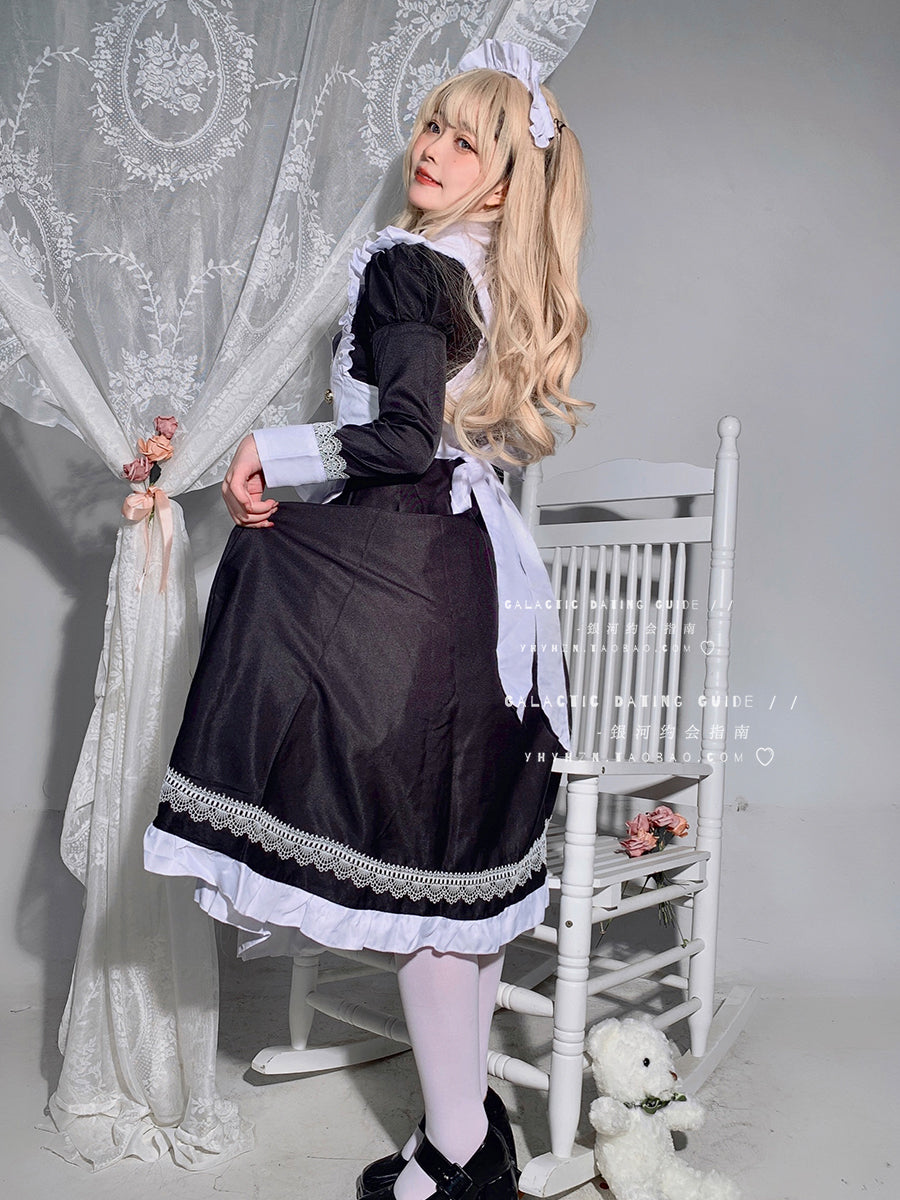 Maid Outfit Classic Black and White Long Ruffled Apron Plus Size 5XL