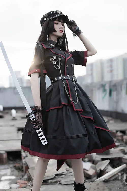 Military Lolita Gothic Black Punk Style Tie Metal Chain Belt Red Hem Dress
