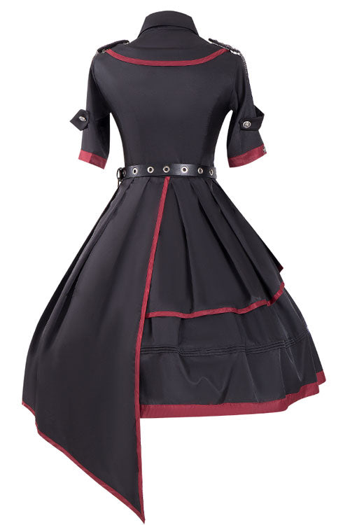 Military Lolita Gothic Black Punk Style Tie Metal Chain Belt Red Hem Dress