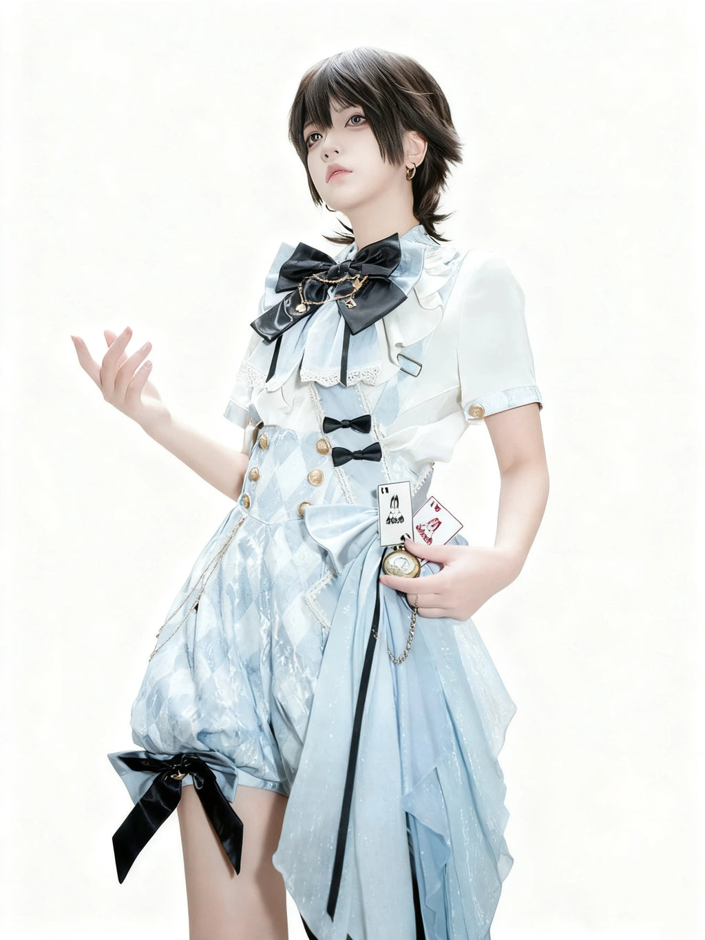 Ouji Fashion Cool Prince Outfit Light Blue Ruffled Suspender Shorts Bow Top