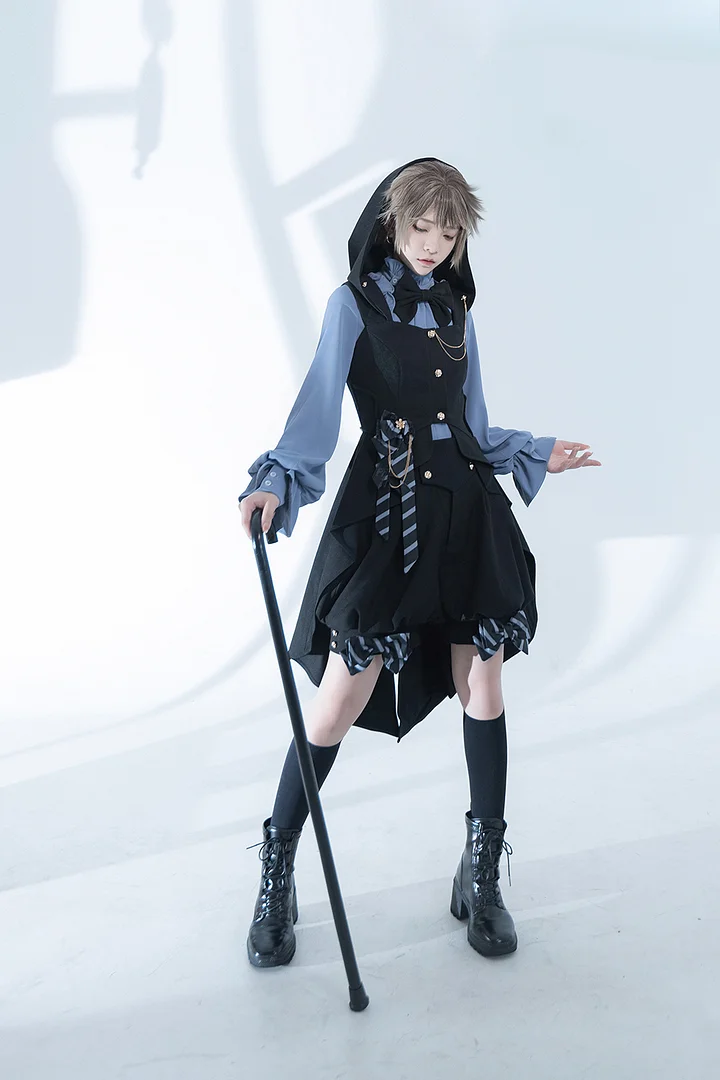 Ouji Fashion Gothic Blue and Black Prince Hood Vest Set Vintage