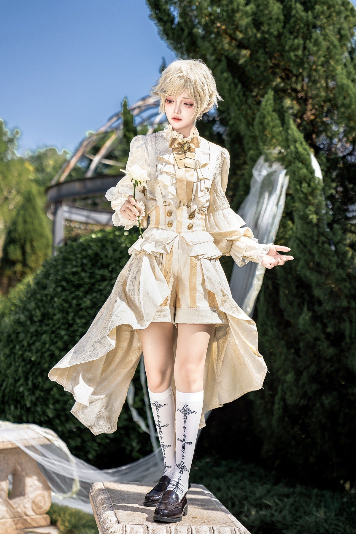 Ouji Fashion Ivory Long Sleeve with Bow Daily Cute Overalls Wind Suit