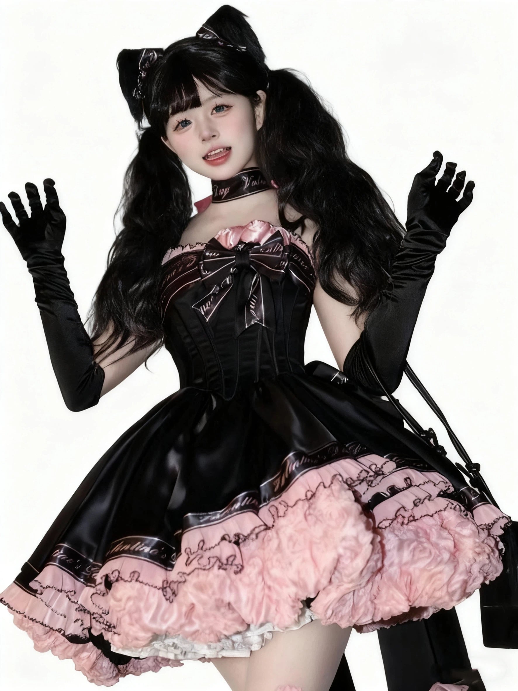 Sweet Lolita Black Pink Princess Ball Gown Ballet Short Strap Dress for Party