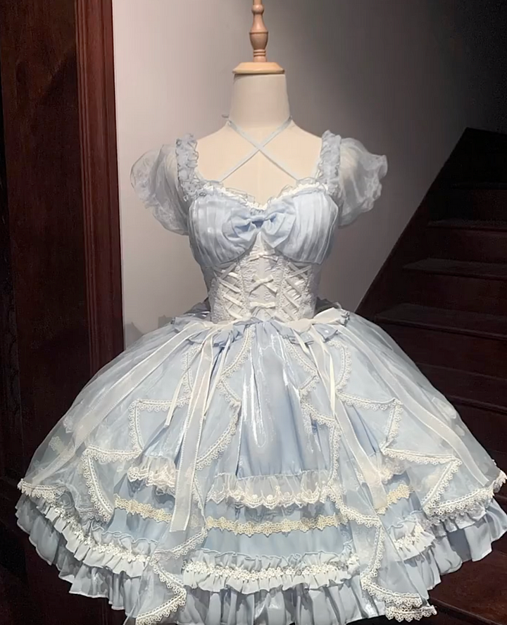 Sweet Lolita Blue Multi-layer Ballet Princess Dress Gorgeous Lace with Puff Sleeves