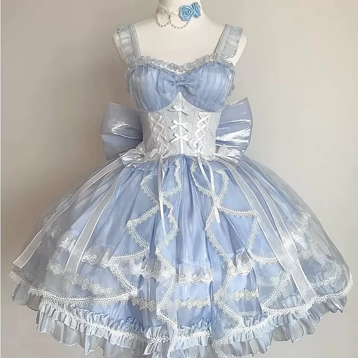 Sweet Lolita Blue Multi-layer Ballet Princess Dress Gorgeous Lace with Puff Sleeves