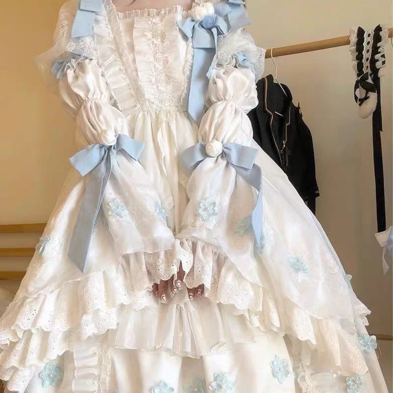 Sweet Lolita Blue and White Princess Dress with Bow Long Ruffled Sleeves