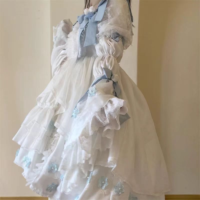 Sweet Lolita Blue and White Princess Dress with Bow Long Ruffled Sleeves