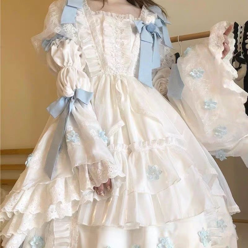 Sweet Lolita Blue and White Princess Dress with Bow Long Ruffled Sleeves