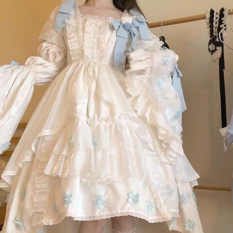 Sweet Lolita Blue and White Princess Dress with Bow Long Ruffled Sleeves