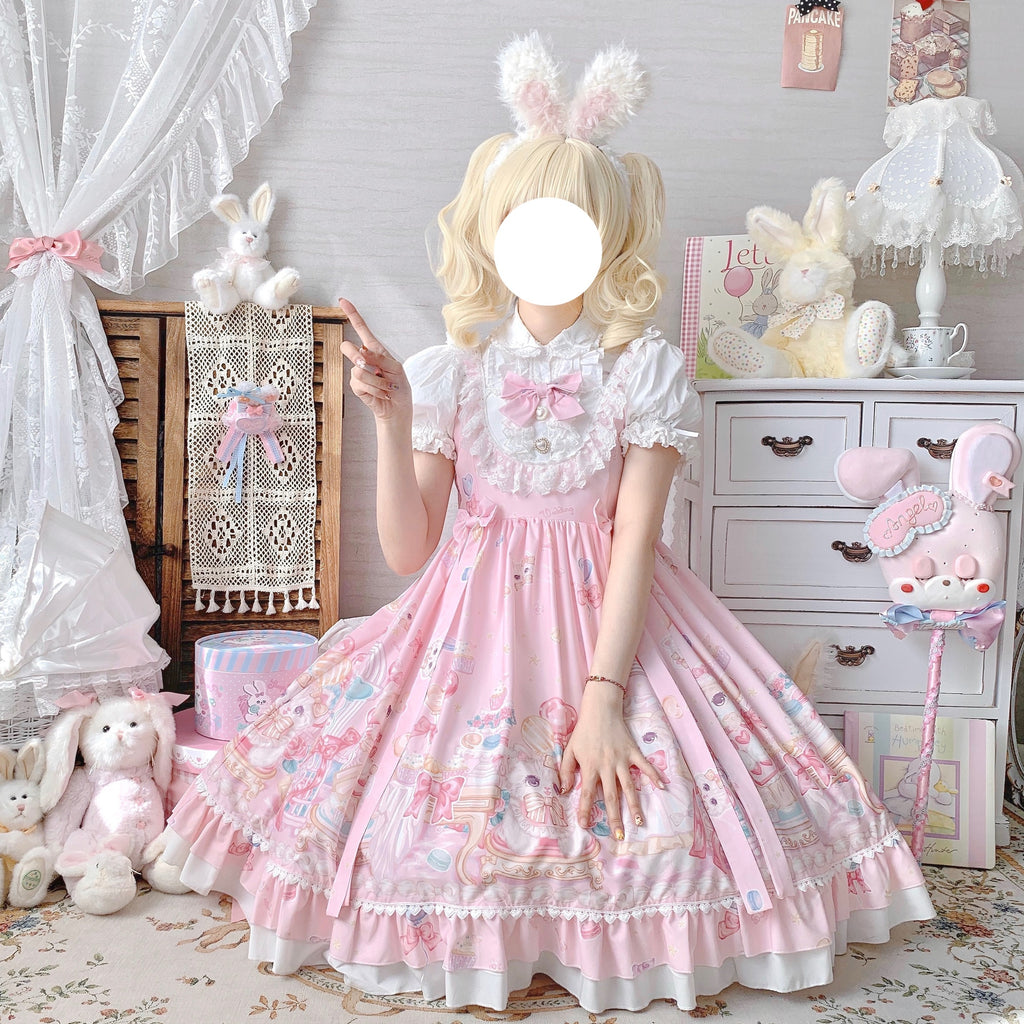 Sweet Lolita Cake Dress Pink Cat Print Lace Collar Plus Size 4XL
