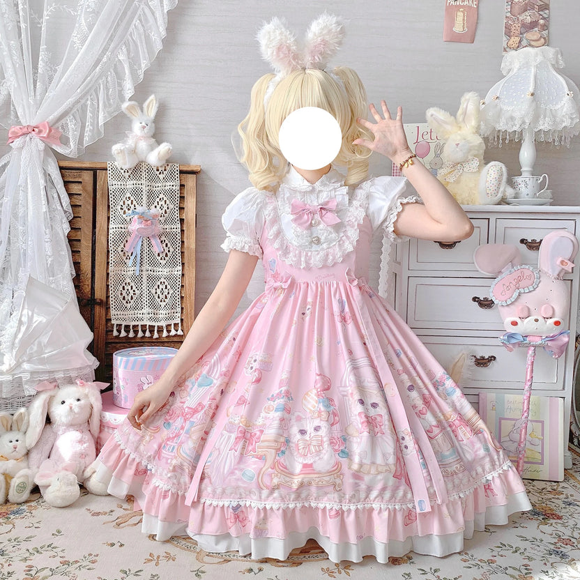 Sweet Lolita Cake Dress Pink Cat Print Lace Collar Plus Size 4XL