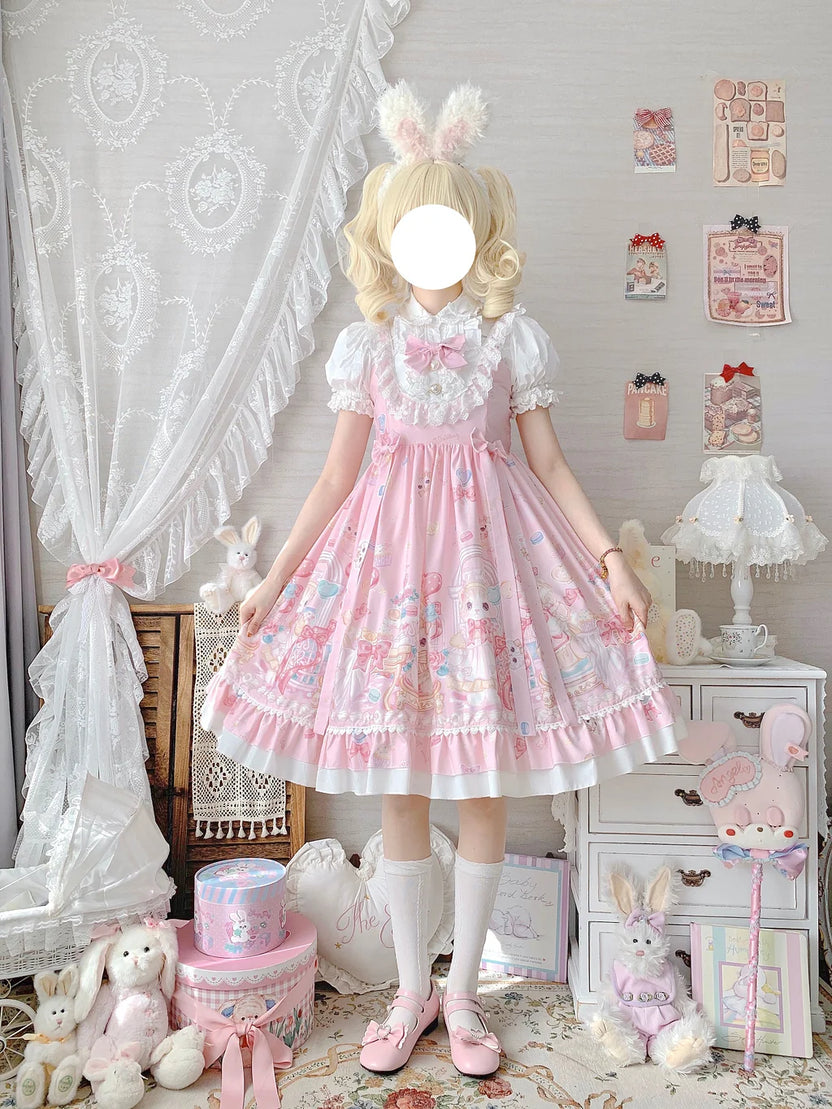 Sweet Lolita Cake Dress Pink Cat Print Lace Collar Plus Size 4XL