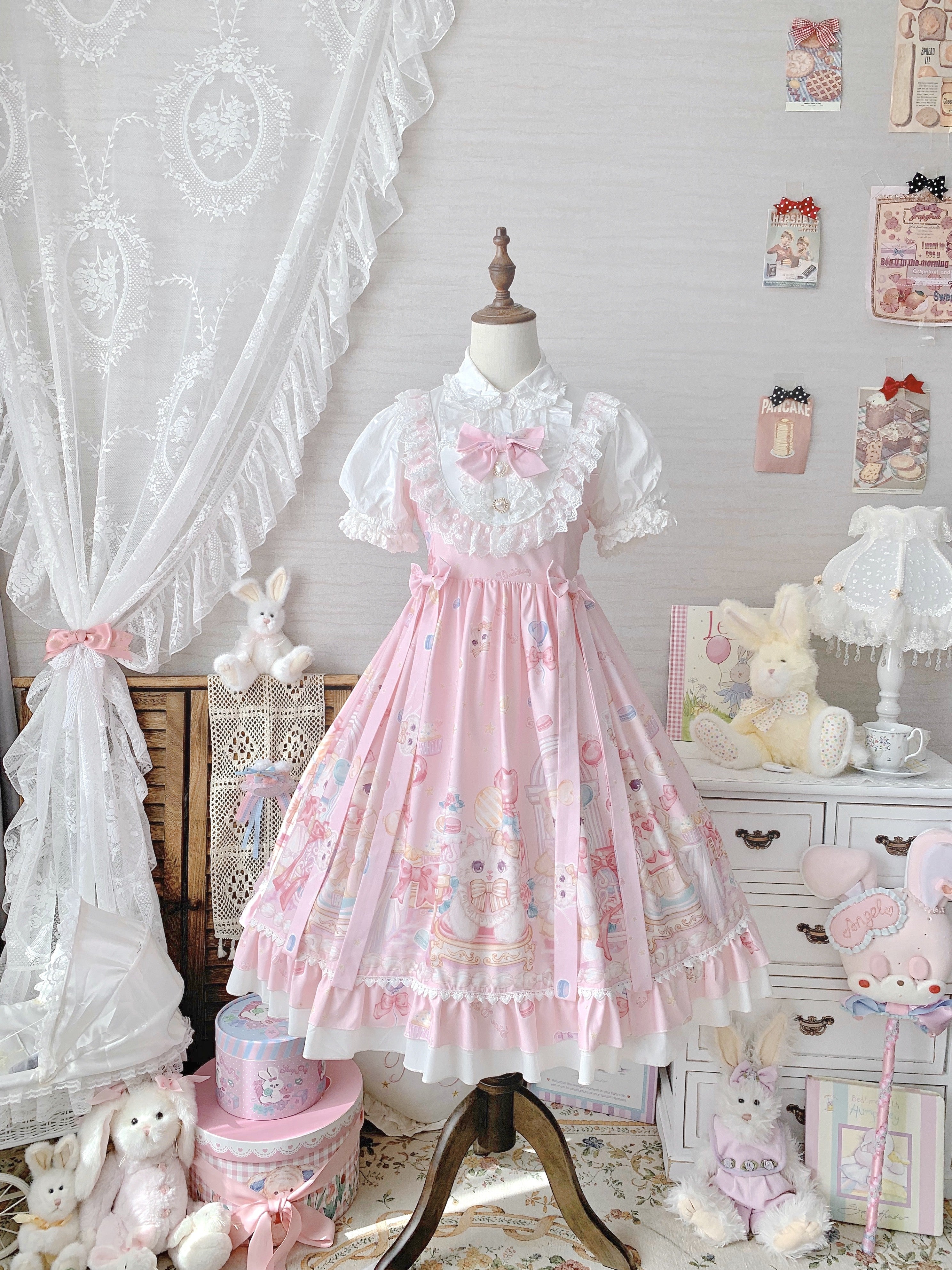 Sweet Lolita Cake Dress Pink Cat Print Lace Collar Plus Size 4XL