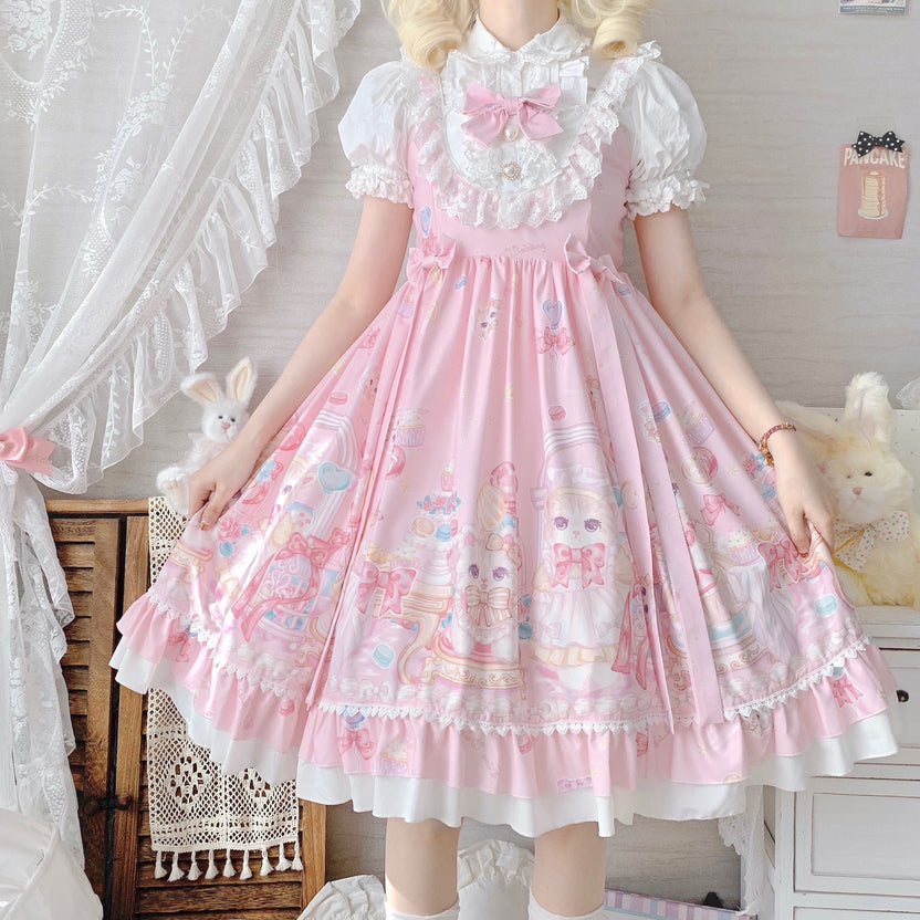 Sweet Lolita Cake Dress Pink Cat Print Lace Collar Plus Size 4XL