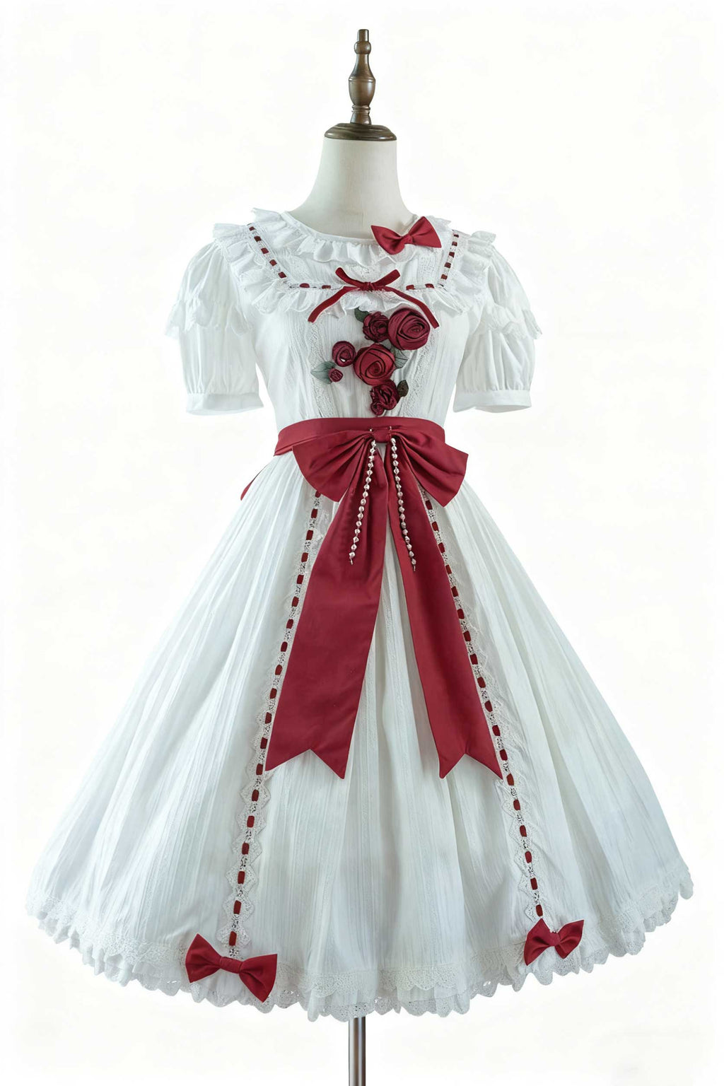 Sweet Lolita Classic White Short Sleeve Ruffles Bow Belt Dress 2 Colors