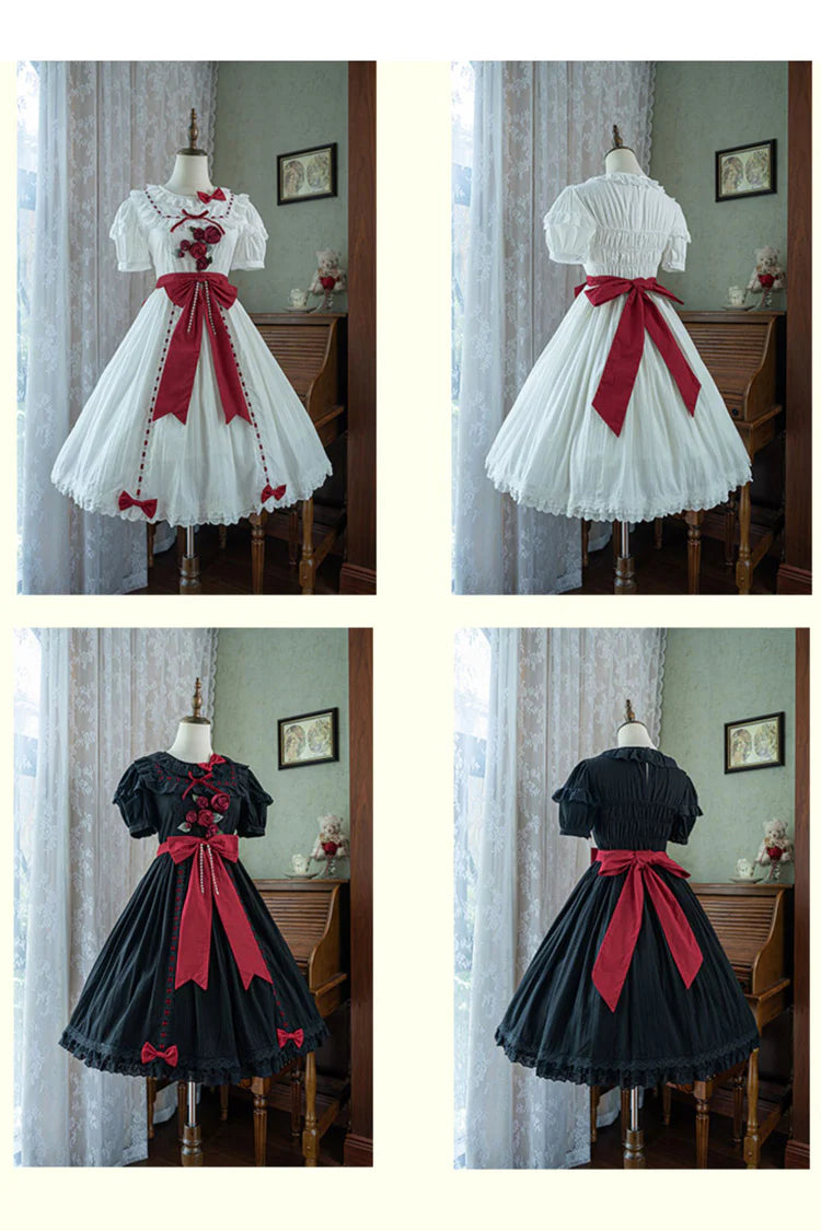 Sweet Lolita Classic White Short Sleeve Ruffles Bow Belt Dress 2 Colors