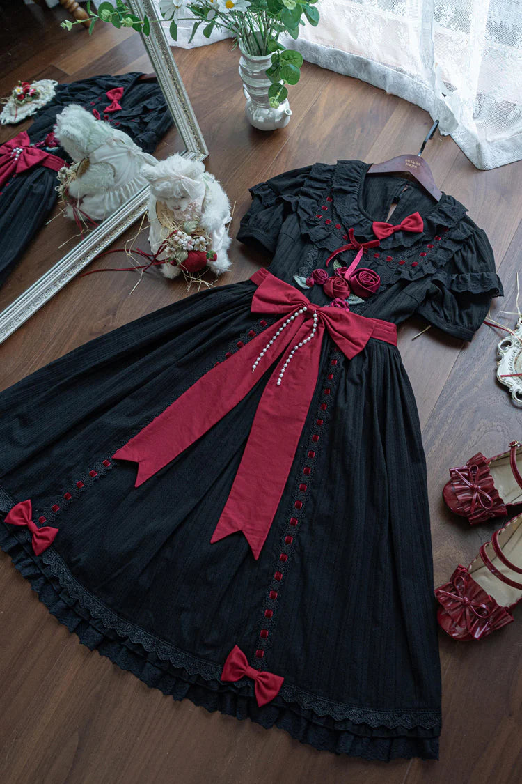 Sweet Lolita Classic White Short Sleeve Ruffles Bow Belt Dress 2 Colors