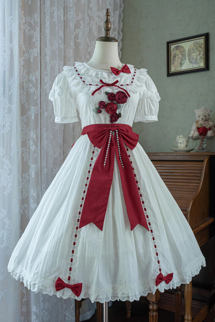 Sweet Lolita Classic White Short Sleeve Ruffles Bow Belt Dress 2 Colors