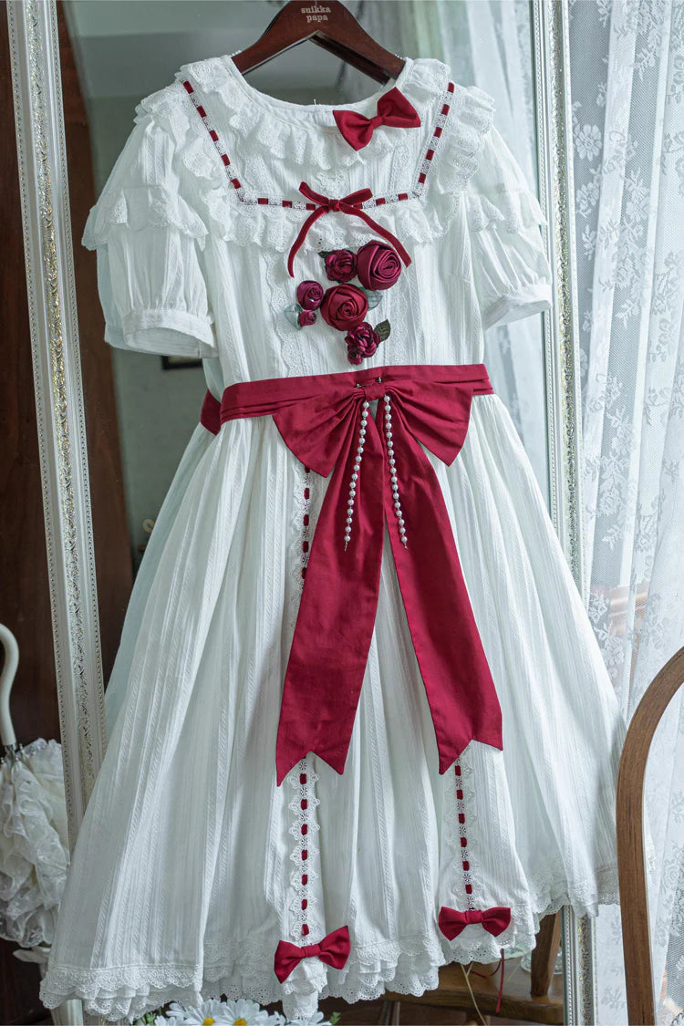 Sweet Lolita Classic White Short Sleeve Ruffles Bow Belt Dress 2 Colors