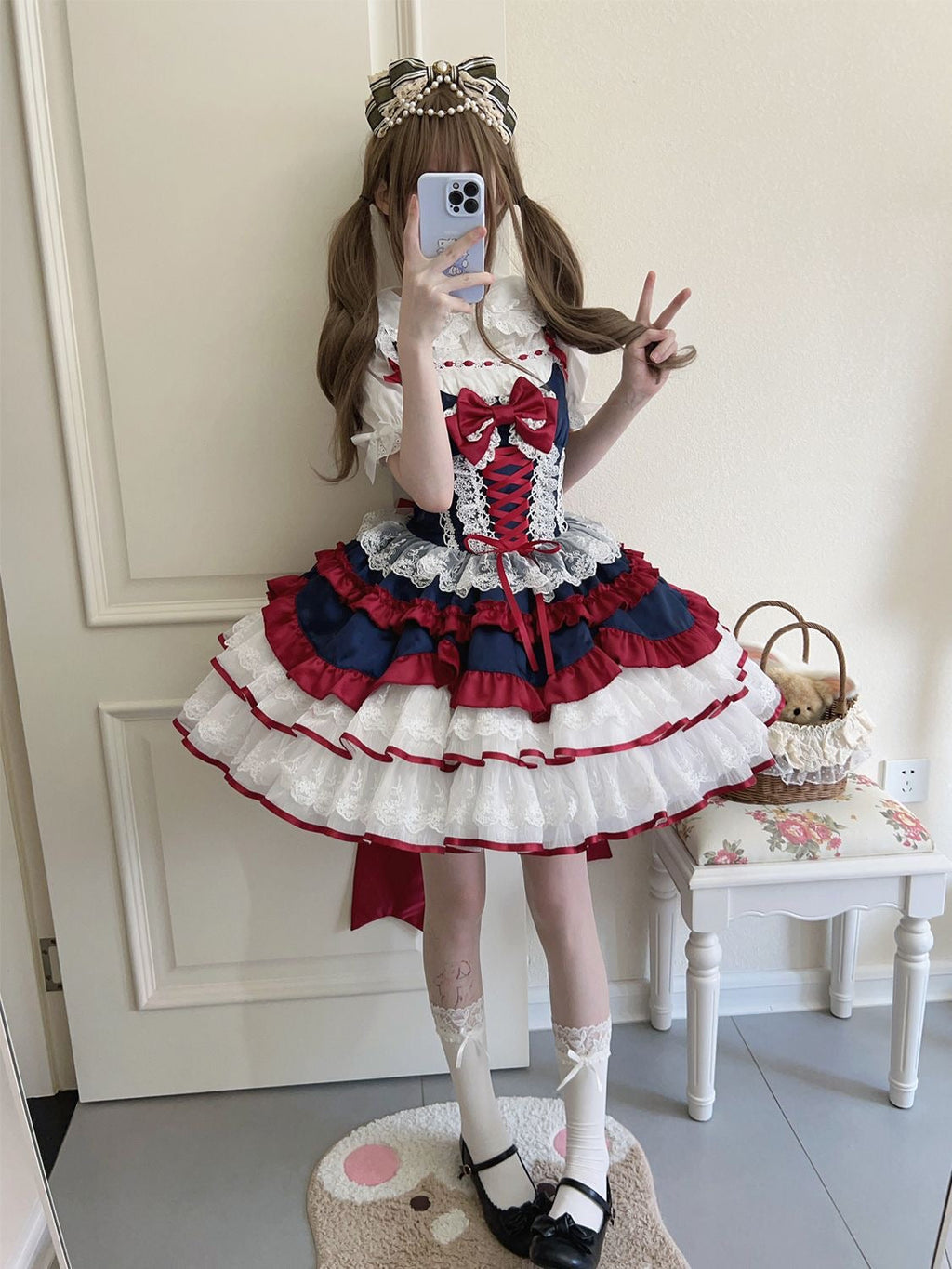 Sweet Lolita Cute Dress Puff Ruffuled Princess Lace 2 Colors for Tea Party