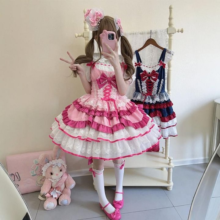 Sweet Lolita Cute Dress Puff Ruffuled Princess Lace 2 Colors for Tea Party