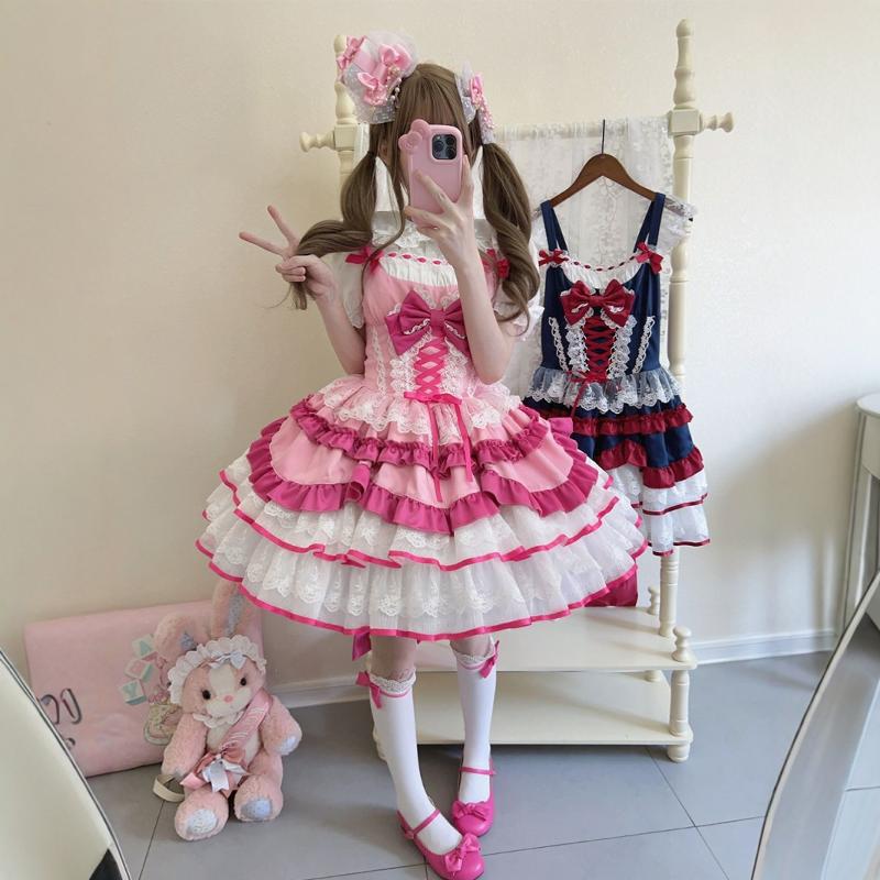 Sweet Lolita Cute Dress Puff Ruffuled Princess Lace 2 Colors for Tea Party